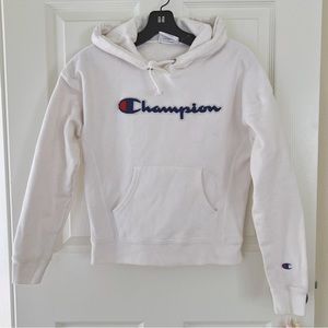 Champion Women’s Chenille Embroidered Script Logo Hoodie Sweatshirt White XS